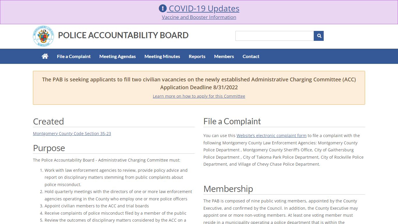 Police Accountability Board Homepage, Montgomery County, MD